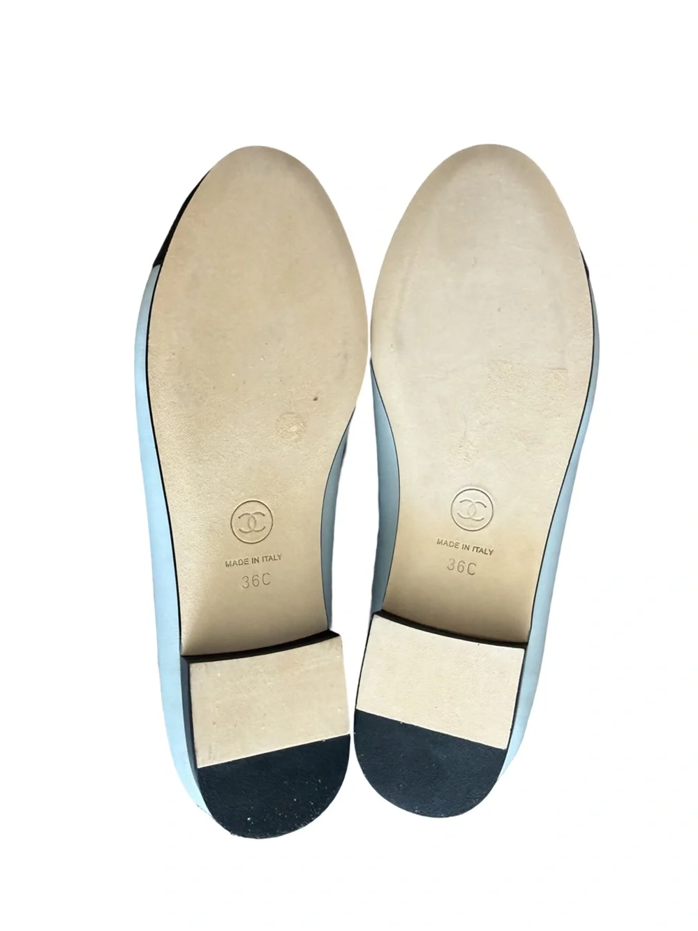 CHANEL Light Blue Leather Ballet Flats with Black Cap Toe and Bow